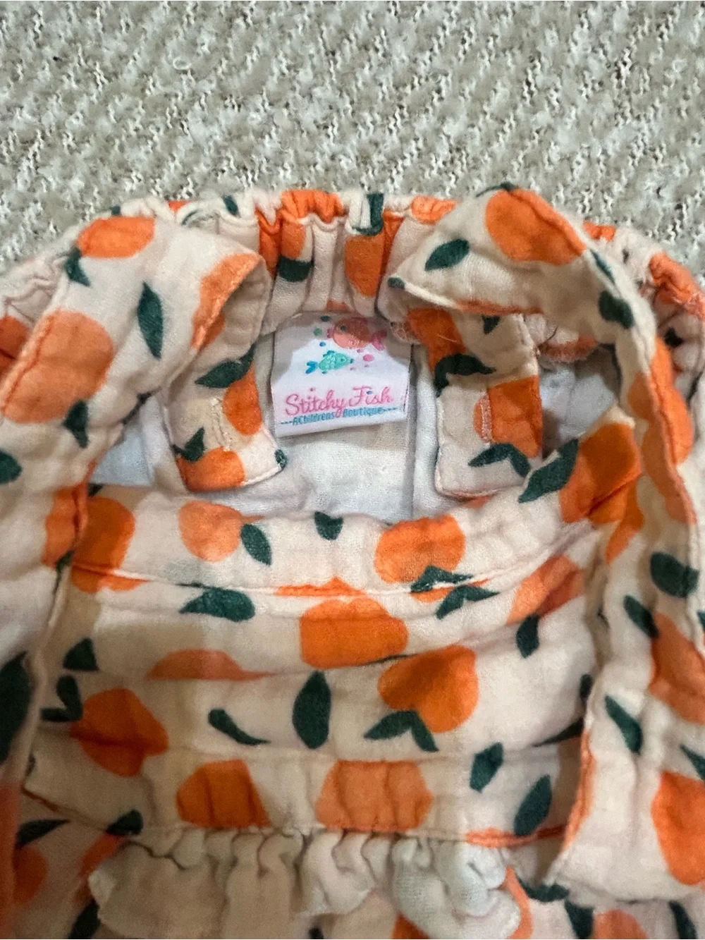 Stitchy Fish Orange Print Baby Romper - Orange & Green EUC